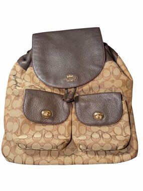 Coach Beige Signature Canvas Backpack with Brown Leather Trim Excellent like New